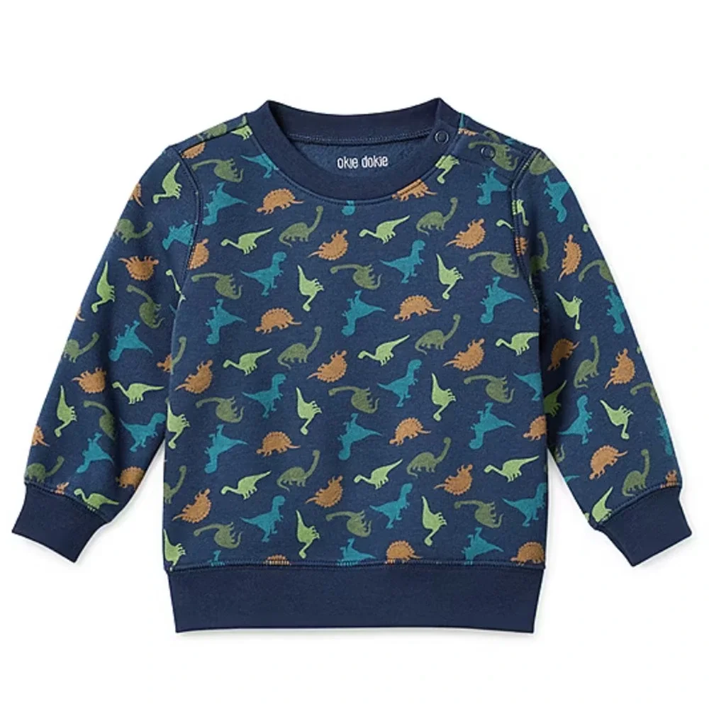 Okie Dokie Baby Boys Crew Neck Long Sleeve Fleece Sweatshirt Dino Navy Blue 18M